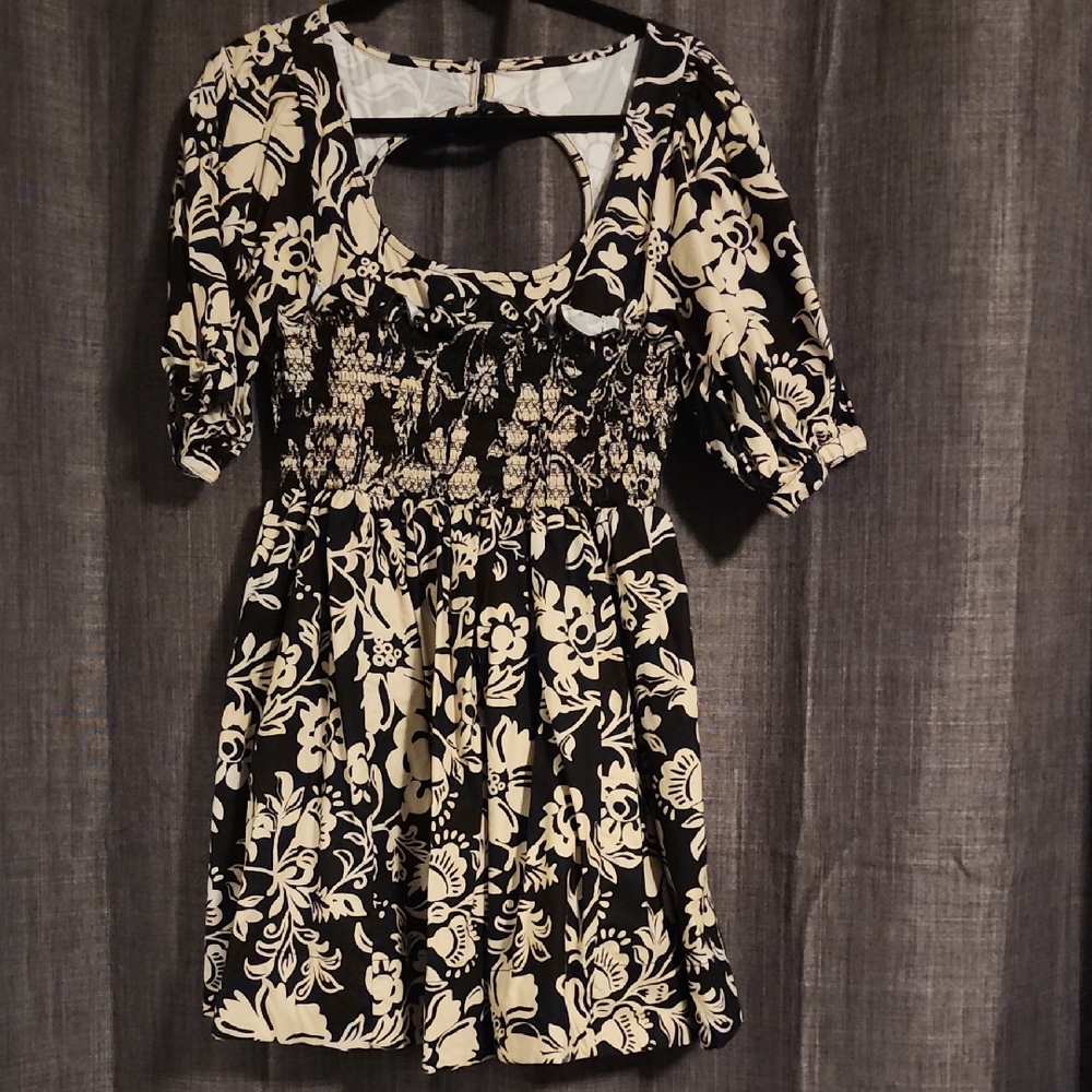 Free People Black and Cream Floral Mini Dress